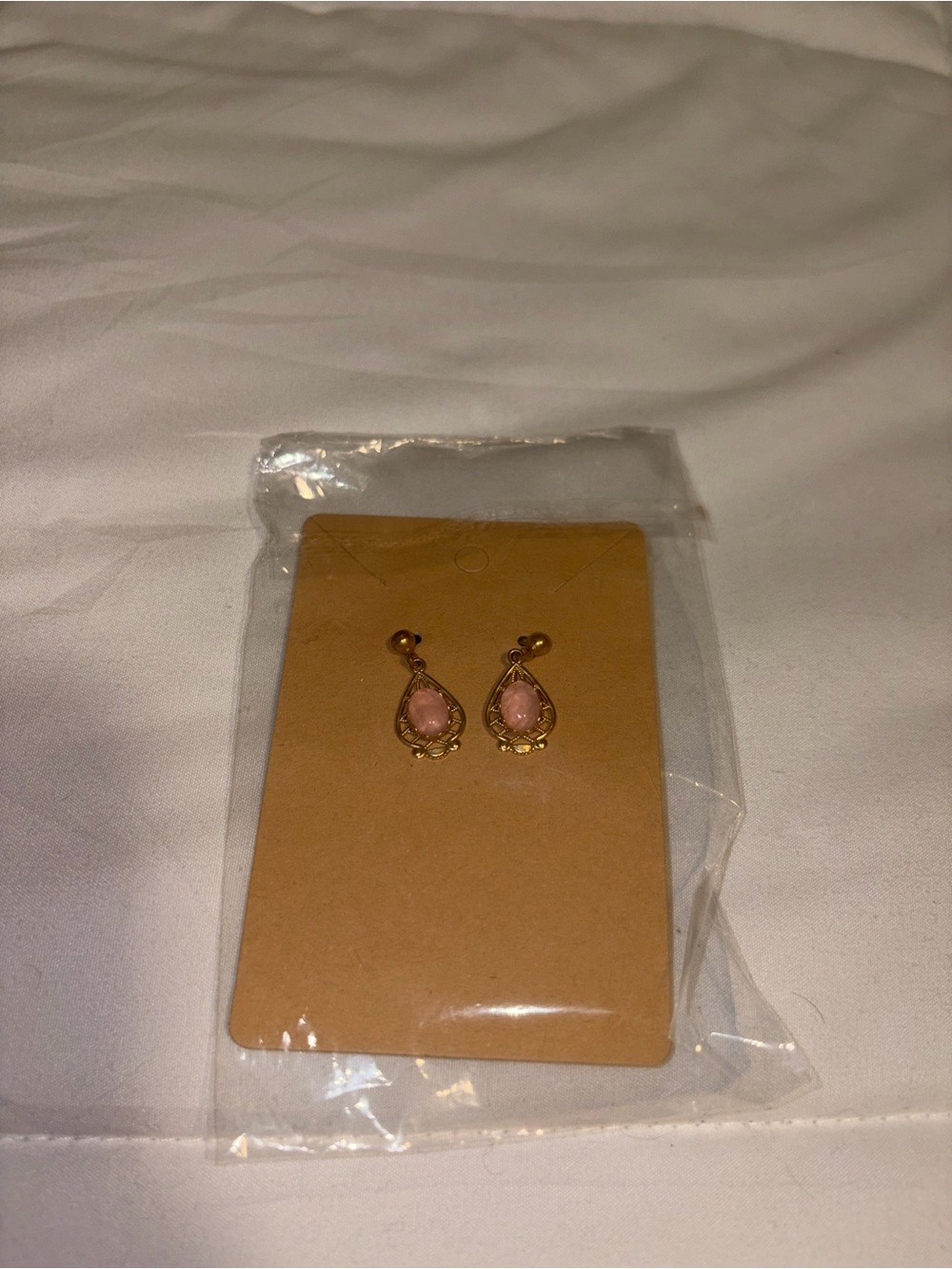 Gold Teardrop Earrings with Pink Stone